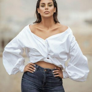 Off-Shoulder Jeans Outfit - Off-Shoulder White Knot Top & Dark Wash